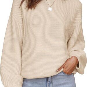 Women's Crew Neck Long Lantern Sleeve Fall 2025 Casual Loose Ribbed Knit Solid S